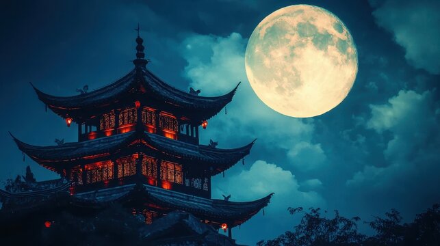 A serene night scene featuring a traditional pagoda illuminated by warm lights, set against a large, glowing moon and a dramatic sky.