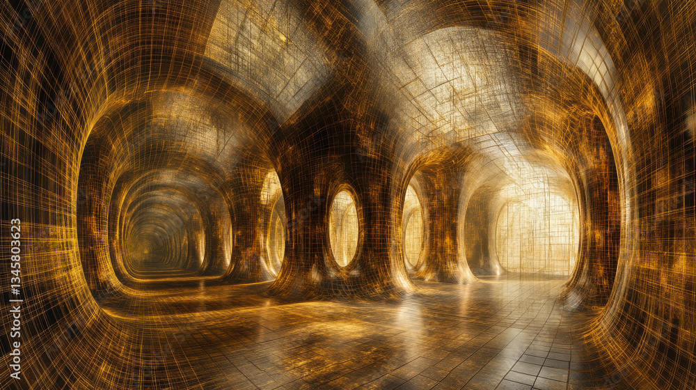 Aufkleber abstract background of mesmerizing golden corridor with intricate patterns and glowing walls