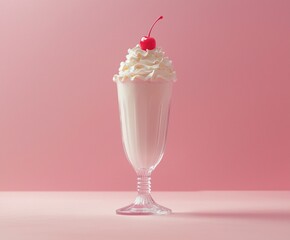 Glass of milk with cherry on top and thick milkshake advertisement design with text