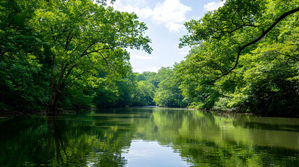 Green Lush Forest Canopy Over Calm Reflective Water Surface Under Bright Blue Sky and Sunlight