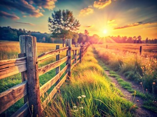 Obraz premium Vintage Postcard Background: Rustic Wooden Fence & Sunlit Field