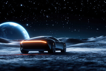 Futuristic car exploration lunar surface digital art outer space rear view innovation and design