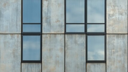 Weathered Metal Building Facade with Rectangular Windows Reflecting Cloudy Sky