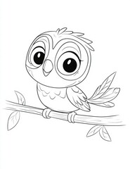 Fototapeta premium Whimsical Owl Perched on Branch: A charming line drawing of a wide-eyed owl perched contentedly on a delicate tree branch, inviting creativity and imagination.
