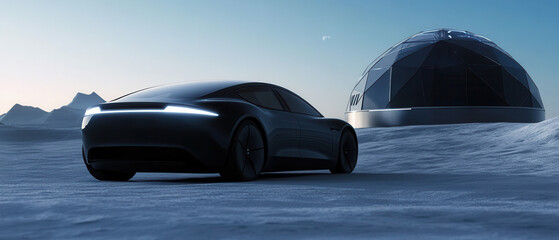 Futuristic electric vehicle exploration moon surface digital art sci-fi environment low angle view innovation concept