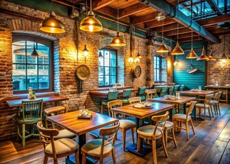 Obraz premium Vintage Seafood Restaurant Interior Design: Warm Lighting, Rustic Decor