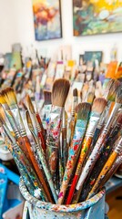 Obraz premium Paintbrushes in bucket studio, art tools, creative, colorful art supplies, artistic background