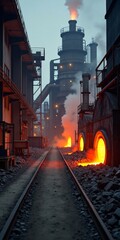 Fototapeta premium A steel factory with a large furnace emitting smoke