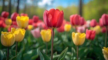 A Striking Contrast of Colors: The Single Red Tulip Amongst the Field of Yellow Tulips in Nature's Splendor