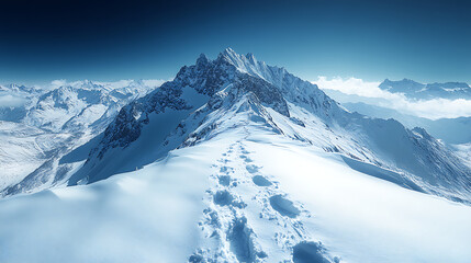 Naklejka premium Footprints leading to snowy mountain peak under blue sky