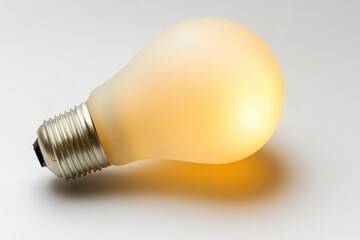 A glowing light bulb rests on a white background, symbolizing ideas and innovation.