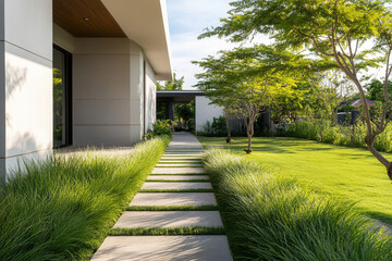 Pathway through modern architecture suburban garden exterior design lush environment daylight tranquil lifestyle