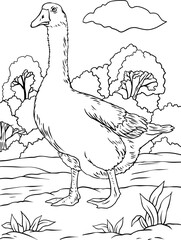 Handmade vector coloring book goose in a clearing