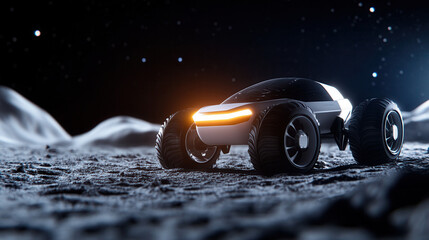Exploring lunar terrain with a robotic vehicle moon technology showcase sci-fi environment close-up perspective