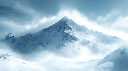 Majestic snow capped mountain peak emerging from misty clouds in winter wonderland