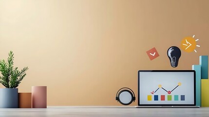 A modern workspace featuring a laptop with data graphics, colorful books, a plant, and creative icons against a warm beige wall.