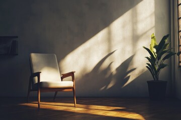 A chair sits in a room next to a potted plant, perfect for office or home decor