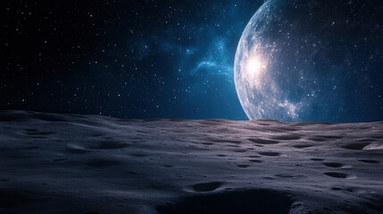 Exploring celestial landscapes moon surface outer space digital art night sky wide angle cosmic beauty