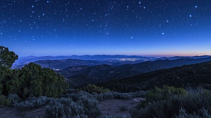 Starry night sky over rolling hills and distant city lights, a tranquil scene