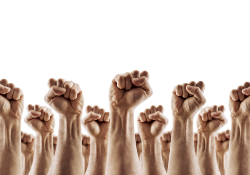 Raised fists, diverse skin tones, unity, solidarity, protest, social movement, collective action, hands reaching upward, crowd, determination, strength in numbers, revolution, activism, human rights, 