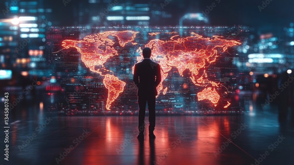 Poster exploring a modern digital world with animated global data visualization in 4k clarity