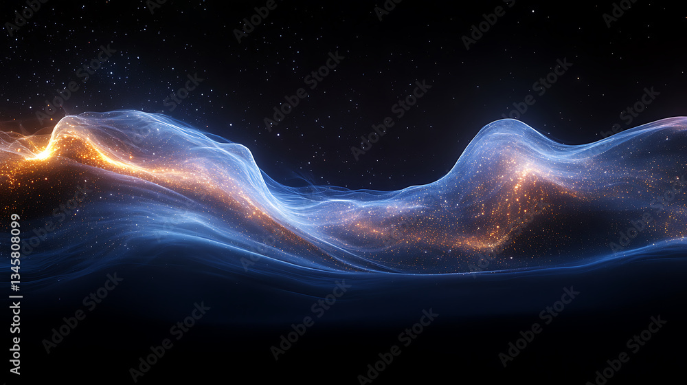 Poster dark and ethereal space background depicting flowing waves of light and stars, creating mesmerizing 