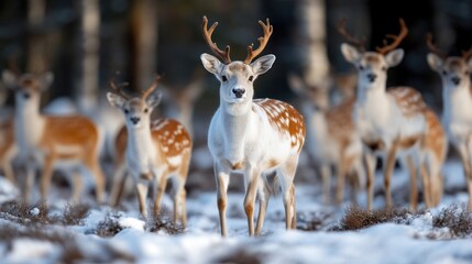 Fototapeta premium Fallow deer herd in snowy forest