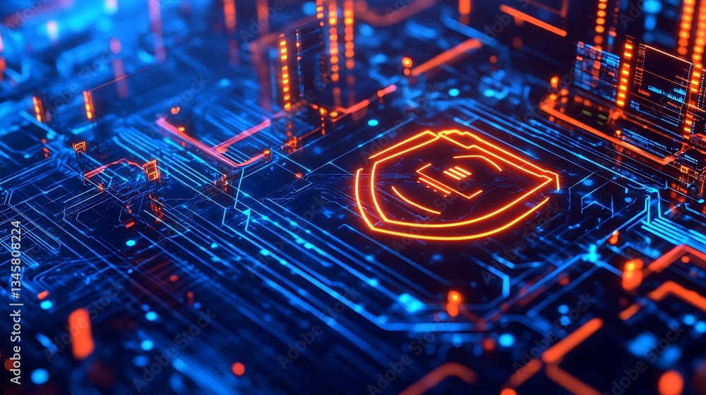 Poster glowing digital shield on a circuit board for symbolizing innovation technology cybersecurity data p