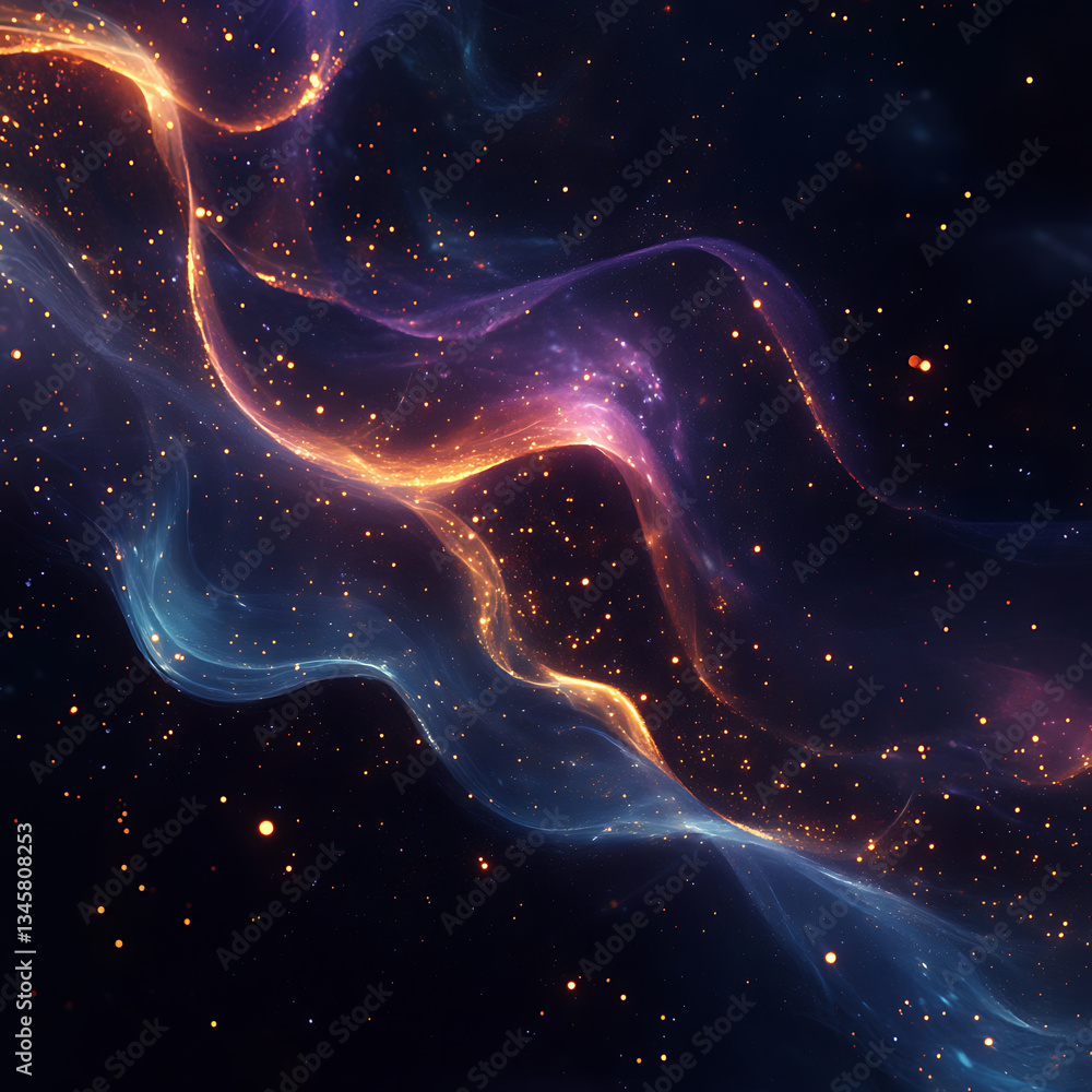Poster dark and ethereal space background featuring swirling colors and glowing particles, creating mystica