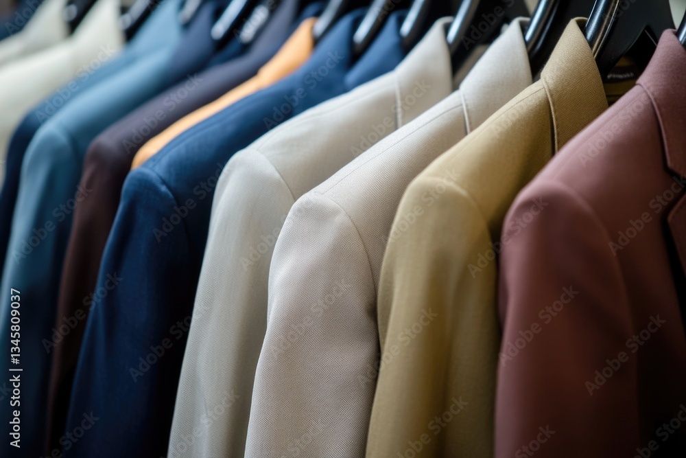 Poster row of men's suits hanging on a rack for storage or display