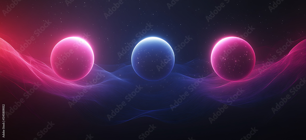 Poster cosmic background featuring three glowing spheres in pink and blue hues, surrounded by soft gradient