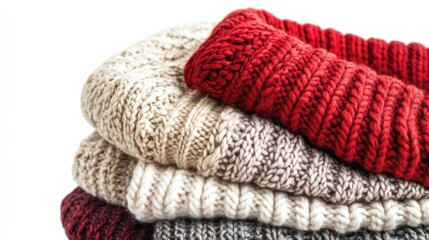 A pile of knitted sweaters stacked on top of each other for storage or display