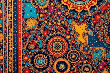 Fototapeta premium Colorful abstract design features floral patterns and geometric shapes in detail