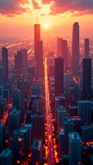 Fototapeta premium A cityscape at sunset, with skyscrapers and a vibrant orange sky
