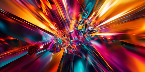 A dazzling, colorful abstract background with prismatic refractions. The sharp light beams scatter across vibrant hues of radiant orange, electric teal, and deep purple, forming a mesmerizing,