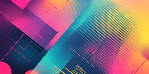 A retro, colorful abstract background with a vintage 80s aesthetic. Vibrant geometric shapes, neon grids, and gradient sunsets combine in a nostalgic tribute to classic synthwave visuals.