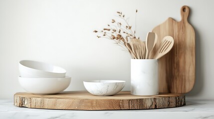 Minimalist Kitchen Still Life:  Wooden Utensils, Marble Bowls, and Rustic Charm