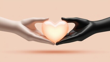 Fototapeta premium ESG 3D concept. Hands of different skin tones holding a glowing heart symbol.