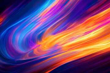 Fototapeta premium A bold, colorful abstract background featuring chaotic energy waves. The electrifying streaks of neon cyan, deep orange, and brilliant purple create a high-impact, motion-filled, and visually striking