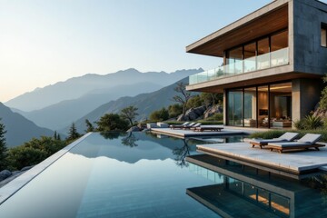 Fototapeta premium Modern architecture overlooking a serene mountain landscape with a pool