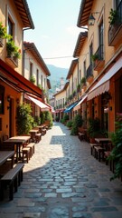 Fototapeta premium A charming European alleyway with cobblestone pavement, lined with quaint cafes and shops