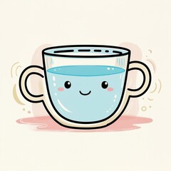 A whimsical hand-drawn clip artwork of an smiling face of a mug of water on a white background, created in a vector style with bold lines, soft curves, and delicate textures. Pastel creamy card.	