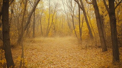 Fototapeta premium Golden Autumn Forest Path: Sunlight Through Yellow Leaves