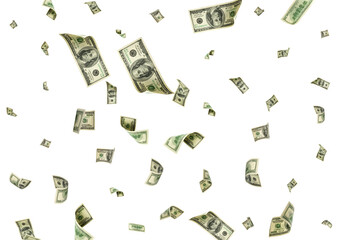 Money rain, falling dollar bills, flying cash, white background, currency scatter, wealth concept,...