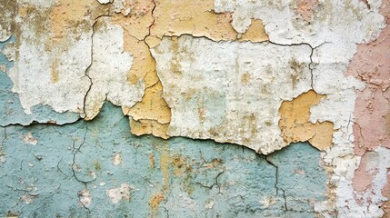 Obraz premium The cracked and weathered surface of a painted wall is shown