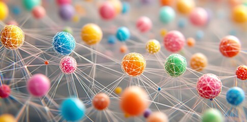 Interconnectedness: A vibrant tapestry of interconnectedness, symbolized by colorful spheres linked by delicate threads, forming a complex network on a soft, ethereal background.