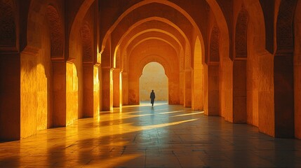 Obraz premium Woman walking sunlit Moroccan arcade corridor