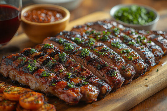 an Argentine asado, with a variety of grilled meats like chorizo and ribs, served on a rustic wooden board, surrounded by chimichurri sauce and a glass of red wine, under warm daylight