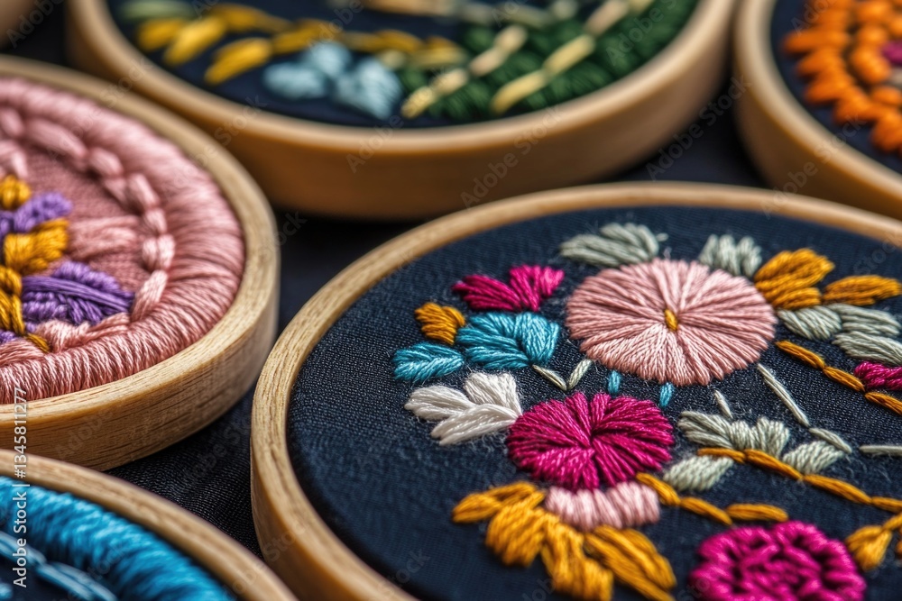 Poster a close-up view of various embroidery stitches on a table