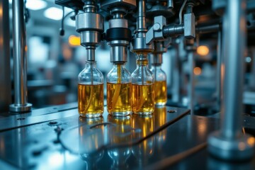 Automated machinery filling clear glass bottles with golden liquid